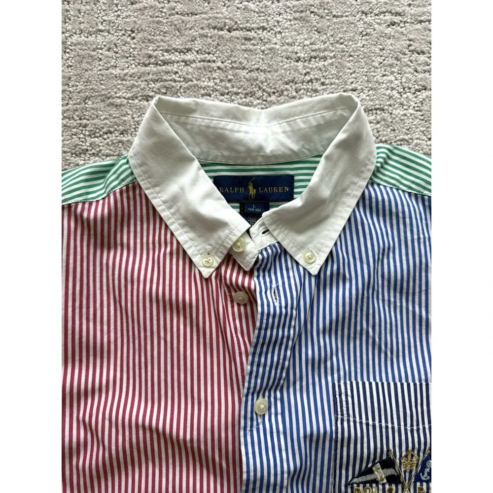 Vintage Ralph Lauren Button Down Boys L Primary Stripe Poplin Embroidered Logo